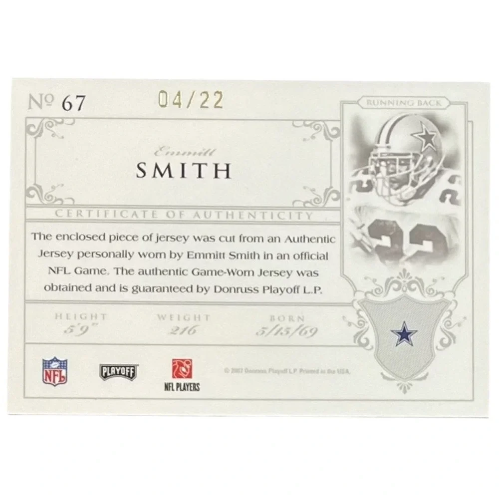 2007 Playoff National Treasures Material Jersey Numbers #67 Emmitt Smith /22